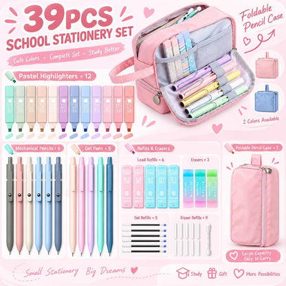 39 PCS Pastel Stationery Set with Foldable Pencil Case, 12 Pastel Highlighters, 6 Mechanical Pencils, 5 Gel Pens, Lead Refills, Gel Pen Refills and Erasers, School Supplies Writing Kit for Students