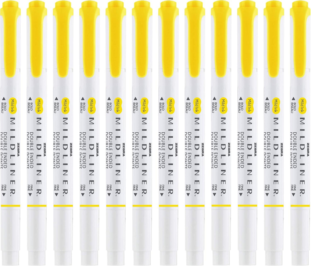 Zebra Pen MILDLINER No Bleed Highlighter, Lemon Yellow, Dual Tip, 12-Pack