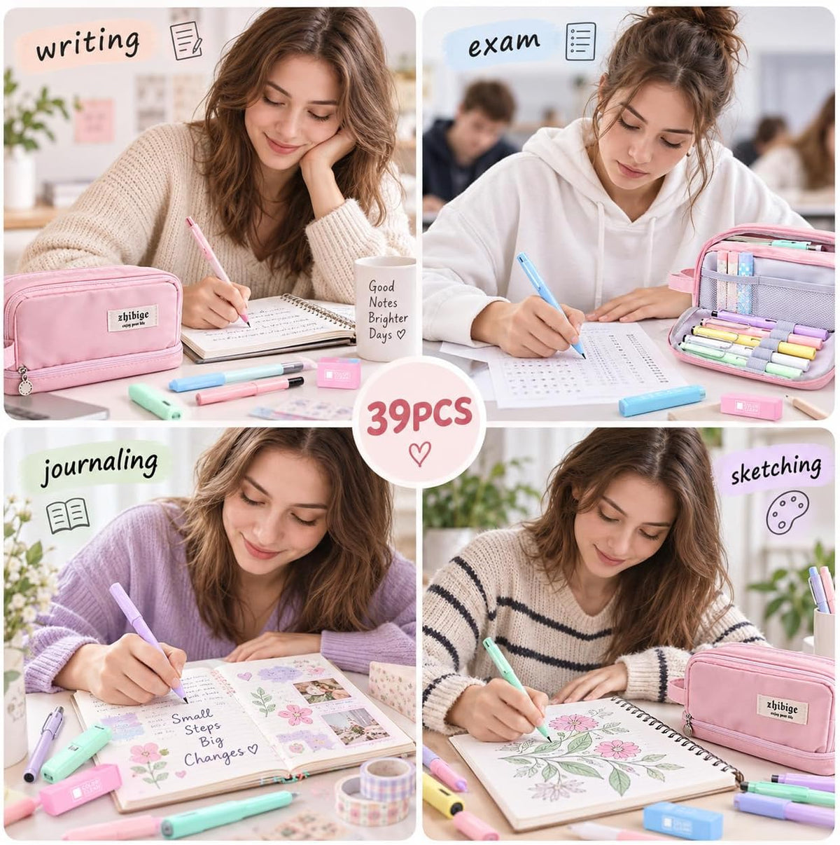 39 PCS Pastel Stationery Set with Foldable Pencil Case, 12 Pastel Highlighters, 6 Mechanical Pencils, 5 Gel Pens, Lead Refills, Gel Pen Refills and Erasers, School Supplies Writing Kit for Students