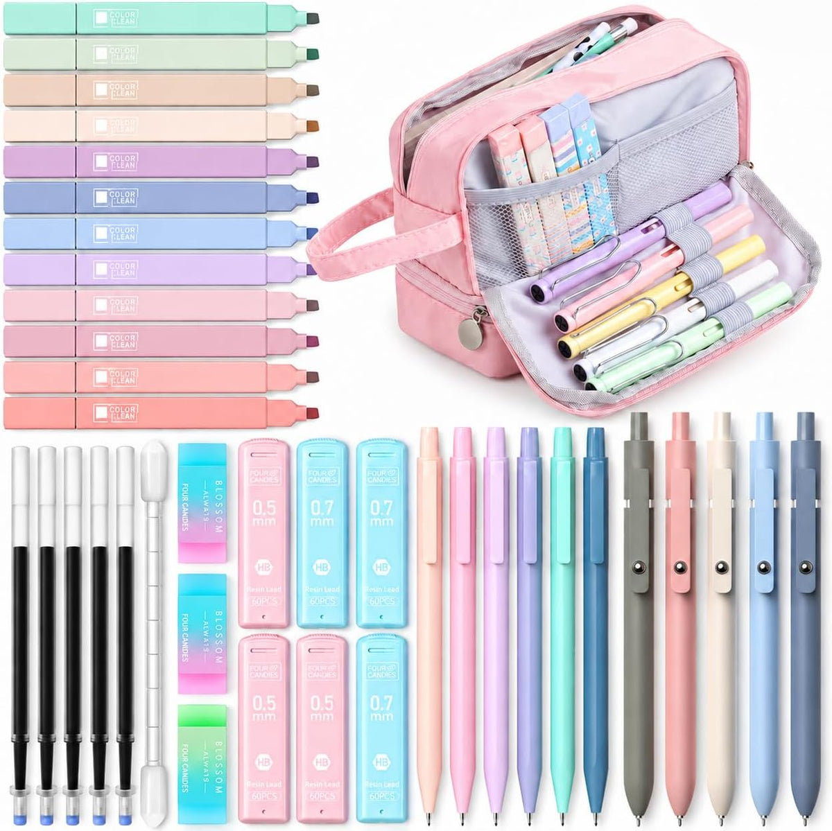 39 PCS Pastel Stationery Set with Foldable Pencil Case, 12 Pastel Highlighters, 6 Mechanical Pencils, 5 Gel Pens, Lead Refills, Gel Pen Refills and Erasers, School Supplies Writing Kit for Students
