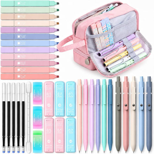 39 PCS Pastel Stationery Set with Foldable Pencil Case, 12 Pastel Highlighters, 6 Mechanical Pencils, 5 Gel Pens, Lead Refills, Gel Pen Refills and Erasers, School Supplies Writing Kit for Students