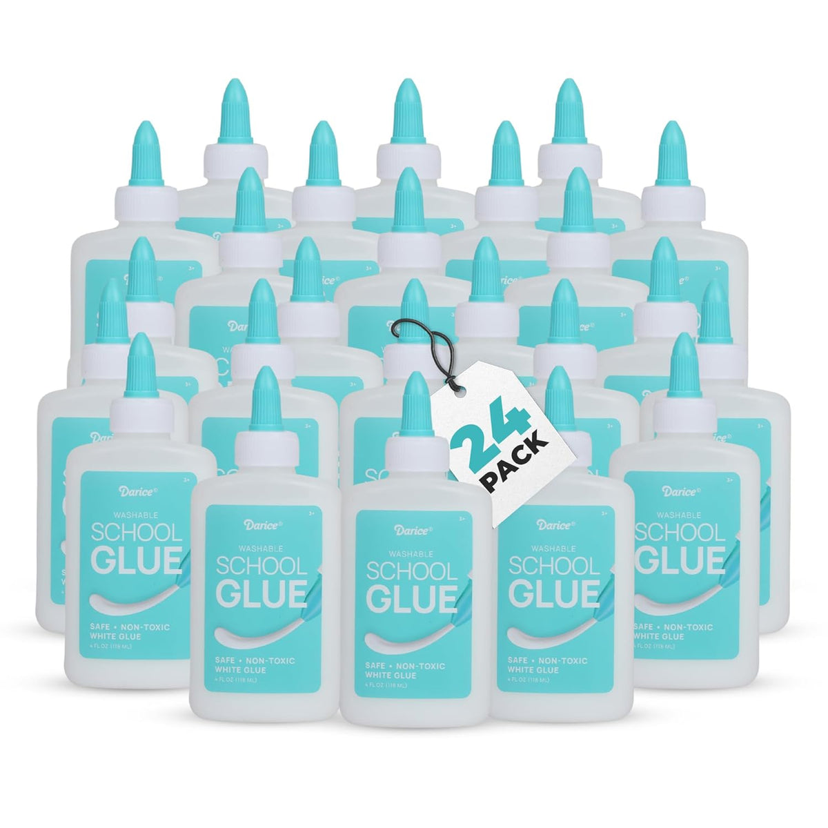 Darice Washable School Glue 4oz - 24-Pack White Liquid Glues for Kids - Extra-Strong for Slime, Arts and Crafts, Back to School Supplies - Glue Bottle with Adjustable Twist Closure