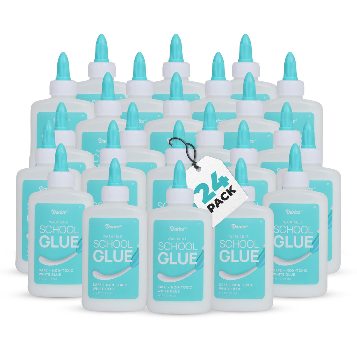 Darice Washable School Glue 4oz - 24-Pack White Liquid Glues for Kids - Extra-Strong for Slime, Arts and Crafts, Back to School Supplies - Glue Bottle with Adjustable Twist Closure