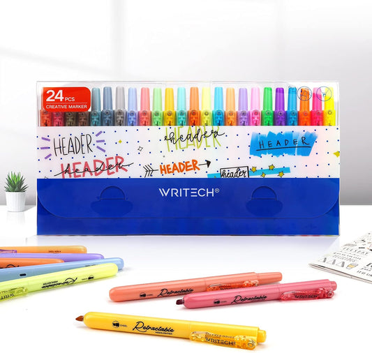 WRITECH Retractable Highlighters Chisel Tip: Assorted Colors 24ct Set
