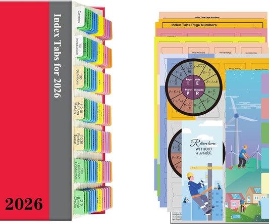 Index Tabs for NEC 2026 Color-Coded Electrical Code Tabs with Side Tabs A–Z Labels, Laminated Durable Tabs with Alignment Guide, Wiring Reference Card & Ohm’s Law Wheels (Book Not Included)