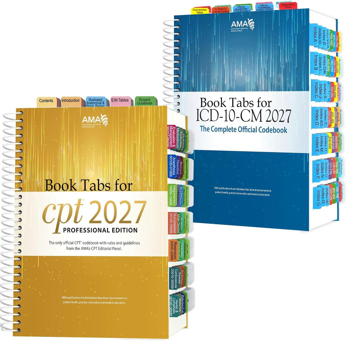 Index Tabs for CPT & ICD-10-CM AMA 2027 Version, 2 Set Bundle, Complete Book Tabs Set (Book not Included), Color-Coded with Code Ranges, Laminated & Waterproof & Repositionable
