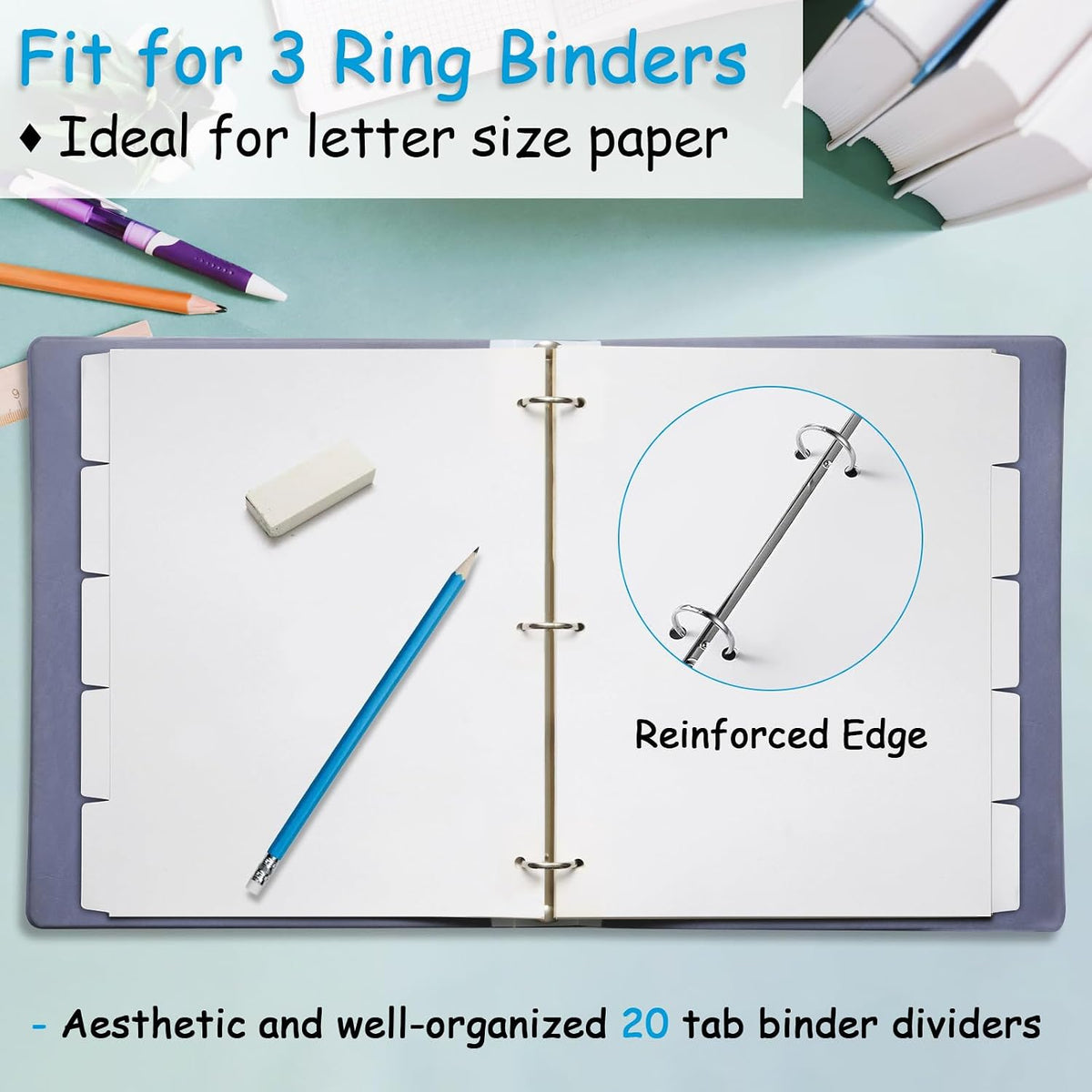 Binder Dividers for 3 Ring Binder, 1/5 Cut Tabs, Letter Size Blank Dividers