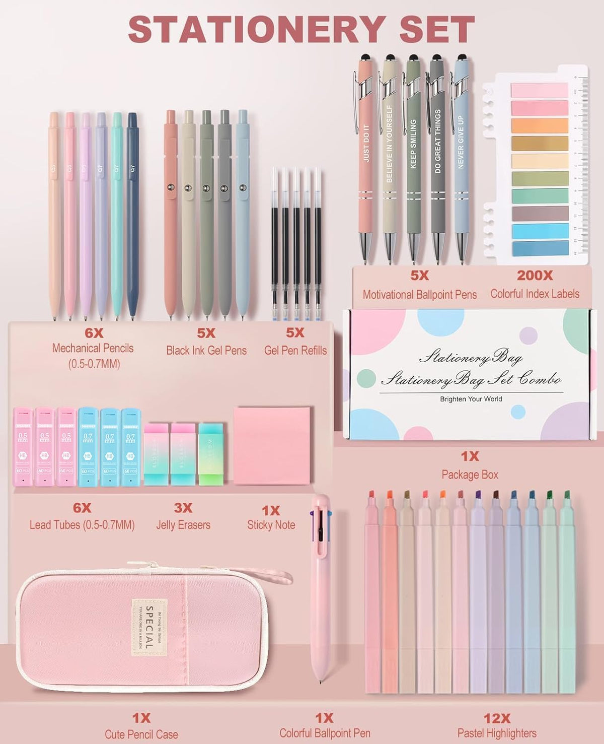 56 PCS Aesthetic School Supplies with Large Pencil Case, 5 Inspirational Ballpoint Pens, 12 Pastel Highlighters, 5 Black Ink Gel Pens, 6 Mechanical Pencils 0.5-0.7mm College Student Essentials (Pink)