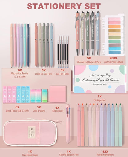 56 PCS Aesthetic School Supplies with Large Pencil Case, 5 Inspirational Ballpoint Pens, 12 Pastel Highlighters, 5 Black Ink Gel Pens, 6 Mechanical Pencils 0.5-0.7mm College Student Essentials (Pink)