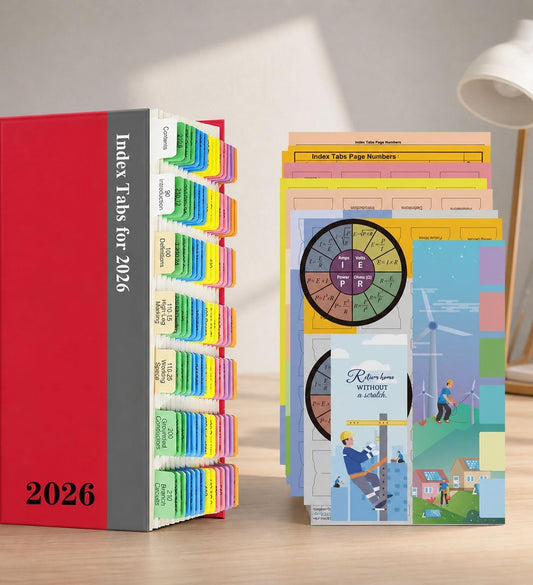 Index Tabs for NEC 2026 Color-Coded Electrical Code Tabs with Side Tabs A–Z Labels, Laminated Durable Tabs with Alignment Guide, Wiring Reference Card & Ohm’s Law Wheels (Book Not Included)