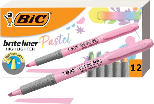 BIC Brite Liner Grip Pastel Highlighter Set, Chisel Tip, Pack of Pastel Highlighters in Assorted Colors (colors may vary), Cute Highlighters for Bullet Journaling, Note Taking and More (Pack of 18)
