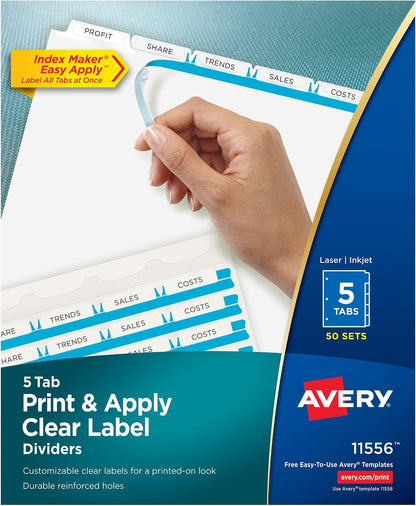 Avery Index Maker Clear Label Dividers, 5-Tab, White, 50 Sets