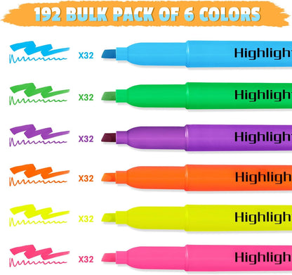 192 Pack Highlighters, Highlighters Bulk in 6 Assorted Colors, No Bleed