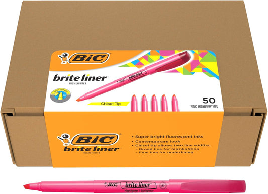 BIC Brite Liner Pink Highlighters, Chisel Tip for Broad and Fine Lines, 50-count, Ideal Highlighter Set for Organizing and Coloring