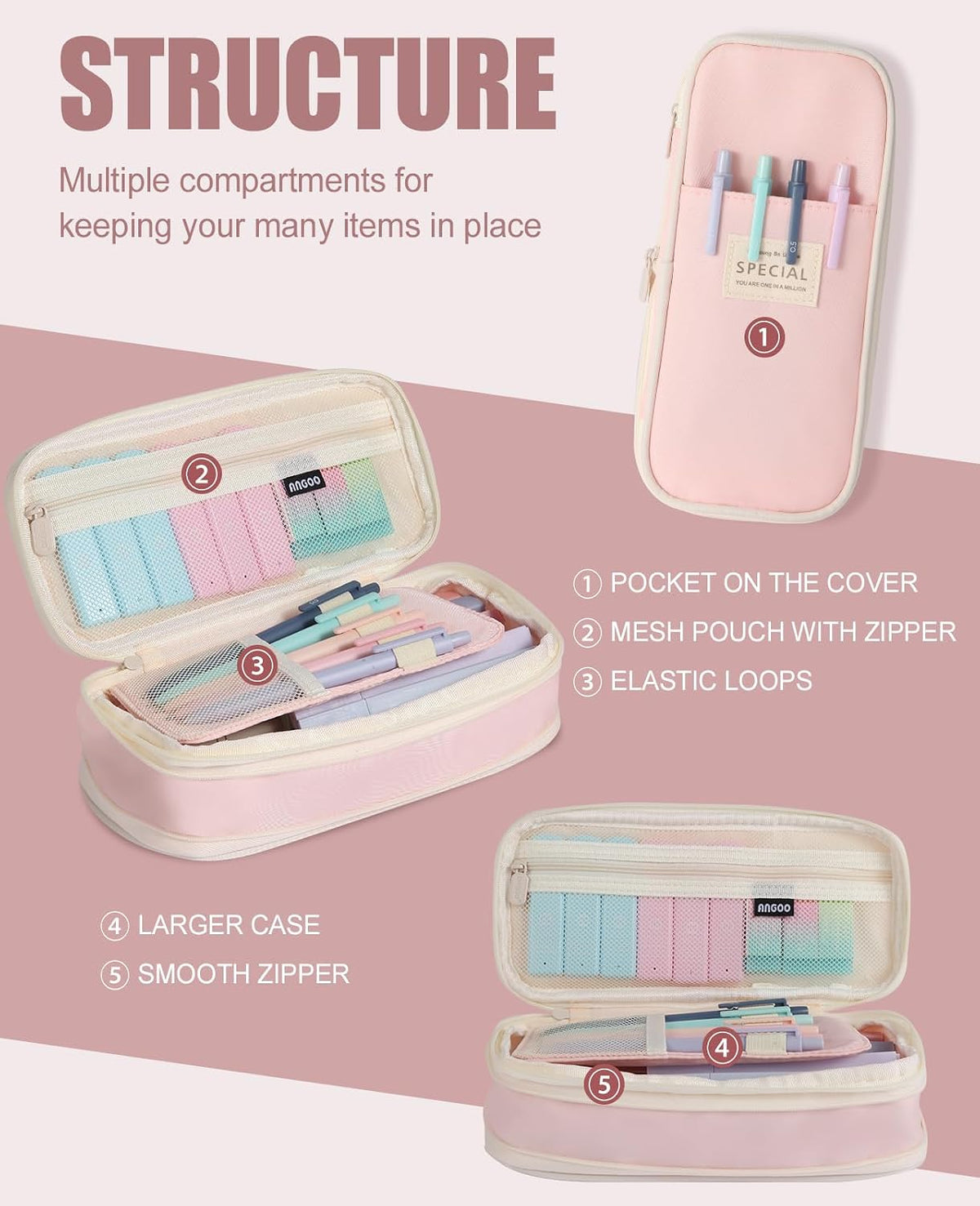 39PCS Aesthetic School Supplies with Cute Pencil Case, 5X Ballpoint Pens with Stylus Tip, 12X Pastel Highlighters, 6X Mechanical Pencil Set 0.5&0.7mm, Suit for Preppy School College Essentials (pink)