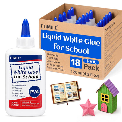 18Pack Washable Liquid White Glue for Kids, 4 fl oz Glue Bottles for School
