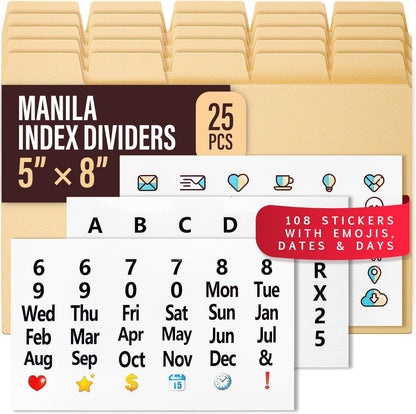 25 Heavyweight Manila Index Card Box Dividers with Tabs & 108 Stickers, Alphabetical File Dividers for 5x8 Index Card Box