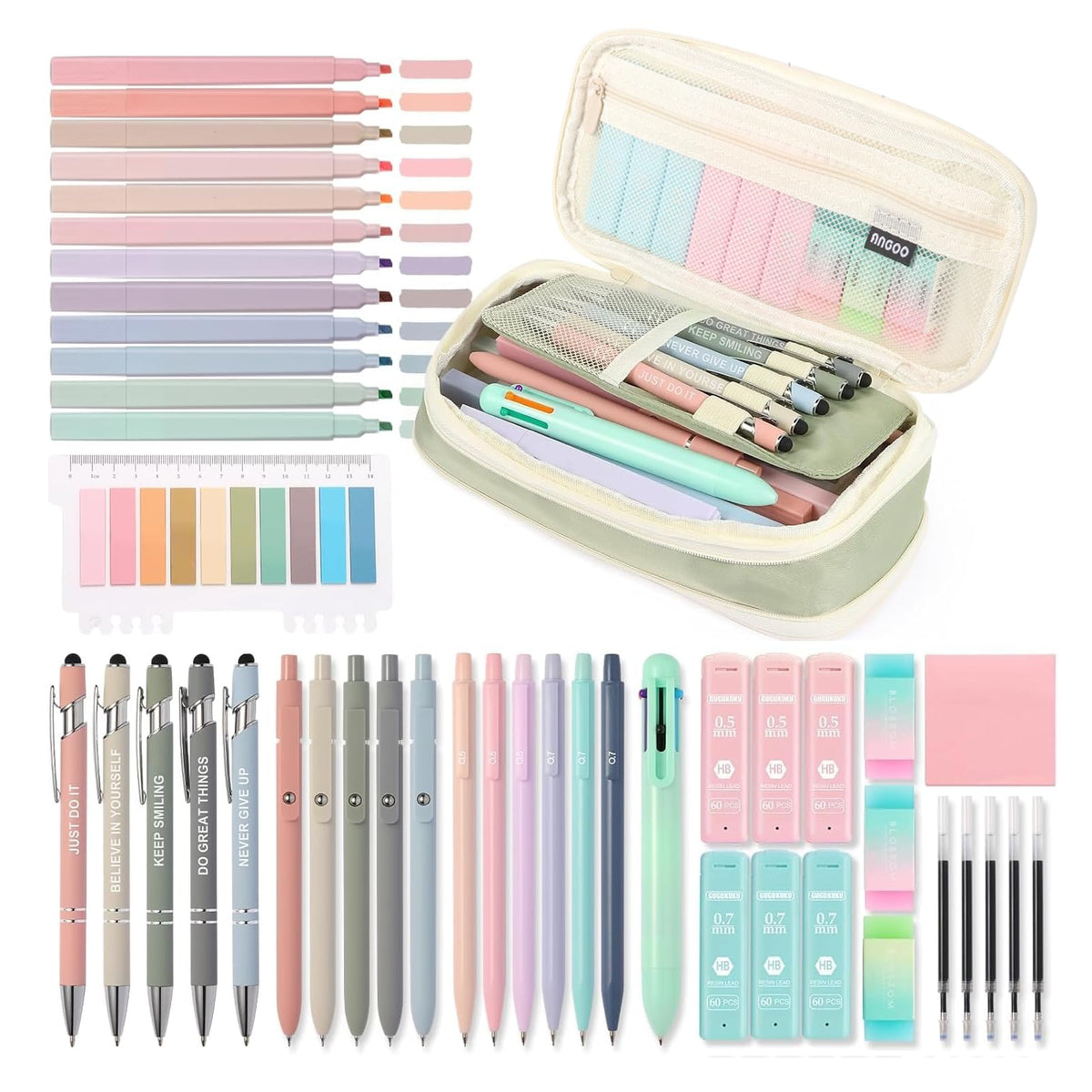 56 PCS Aesthetic School Supplies with Large Pencil Case, 5 Inspirational Ballpoint Pens, 12 Pastel Highlighters, 5 Black Ink Gel Pens, 6 Mechanical Pencils 0.5-0.7mm College Student Essentials (Pink)