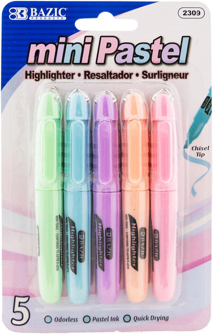 BAZIC PRODUCTS Mini Pastel Highlighters, Chisel Tip, 5 Count, 24-Box