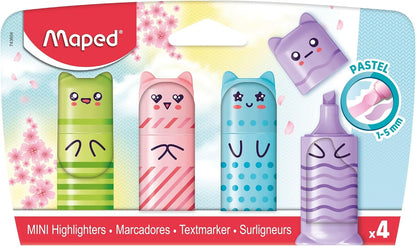 Maped - Pastel Mini Highlighters - Pocket Highlighters in Character Shape - 4 Pastel Colours: Green, Blue, Pink and Purple