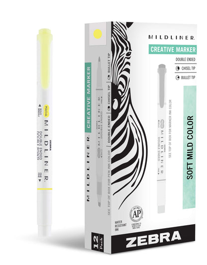 Zebra Pen MILDLINER No Bleed Highlighter, Lemon Yellow, Dual Tip, 12-Pack