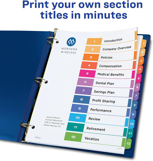 Avery® Ready Index® Table of Contents Dividers, 12-Tab, Color, 6 Sets