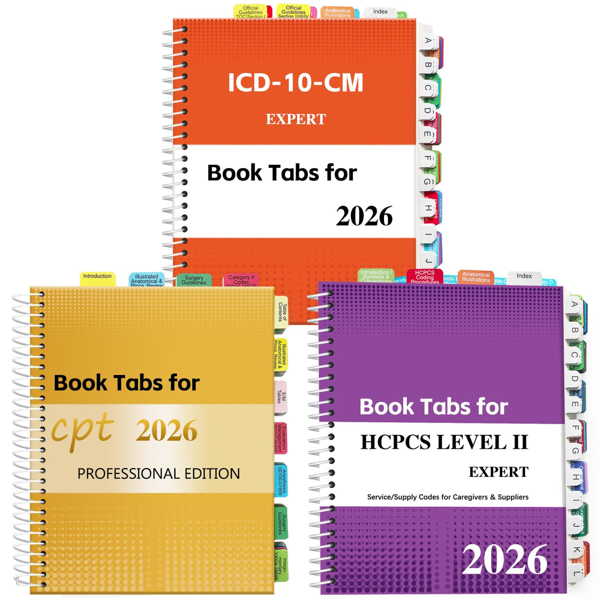 Index Tabs for CPT, AAPC Version ICD-10-CM & HCPCS Level II 2026, 3 Set Bundle, Complete Book Tabs Set (Book not Included), Color-Coded with Code Ranges, Laminated & Waterproof & Repositionable