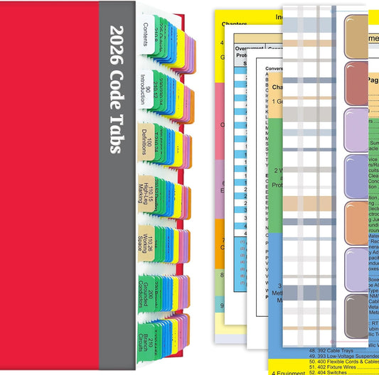 Upgraded Index Tabs for 2026 National Electrical Code (NEC), 150 Color-Coded & Laminated Index Tabs, with Ohm's Law Stickers, Wire Chart & Page Numbers Sheet (Book not Included)