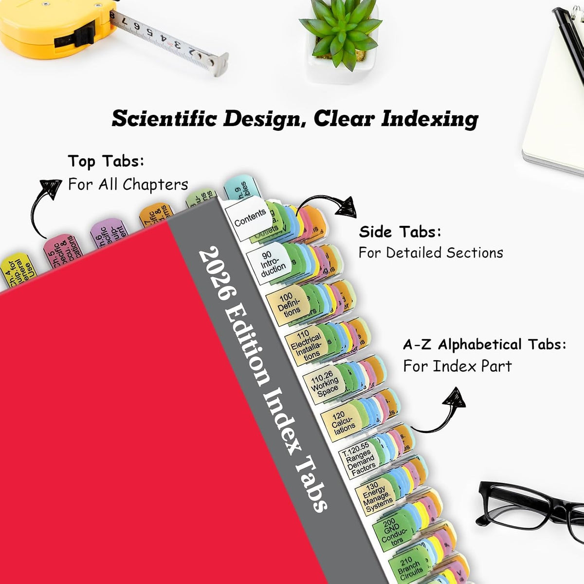 Plastic Index Tabs for 2026 NEC (Book Not Included), 152 Printed Tabs + Blanks, Color-Coded and Durable, with Page Index/Wire Chart & Formula Guide/2 Ohm’s Law Stickers/Alignment Card