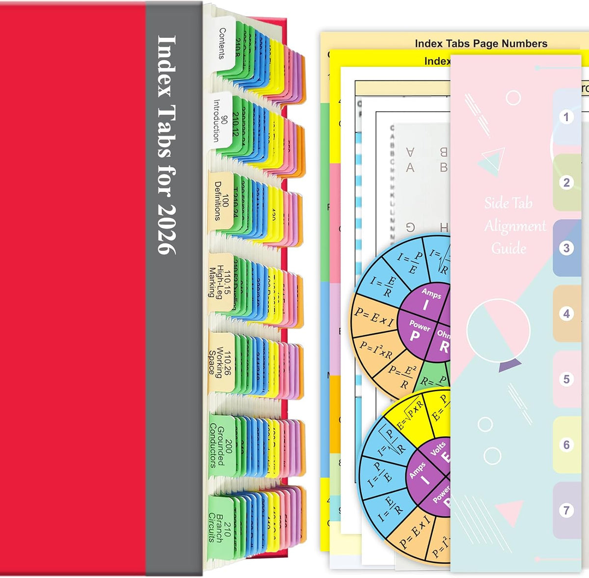 Index Book Tabs for NEC 2026 Code Book, Side + A-Z Tabs, Laminated Durable, Color-Coded, with Wire and Raceway Chart, 2 Ohm's Law Stickers, Page Numbers Sheet & Alignment Guide