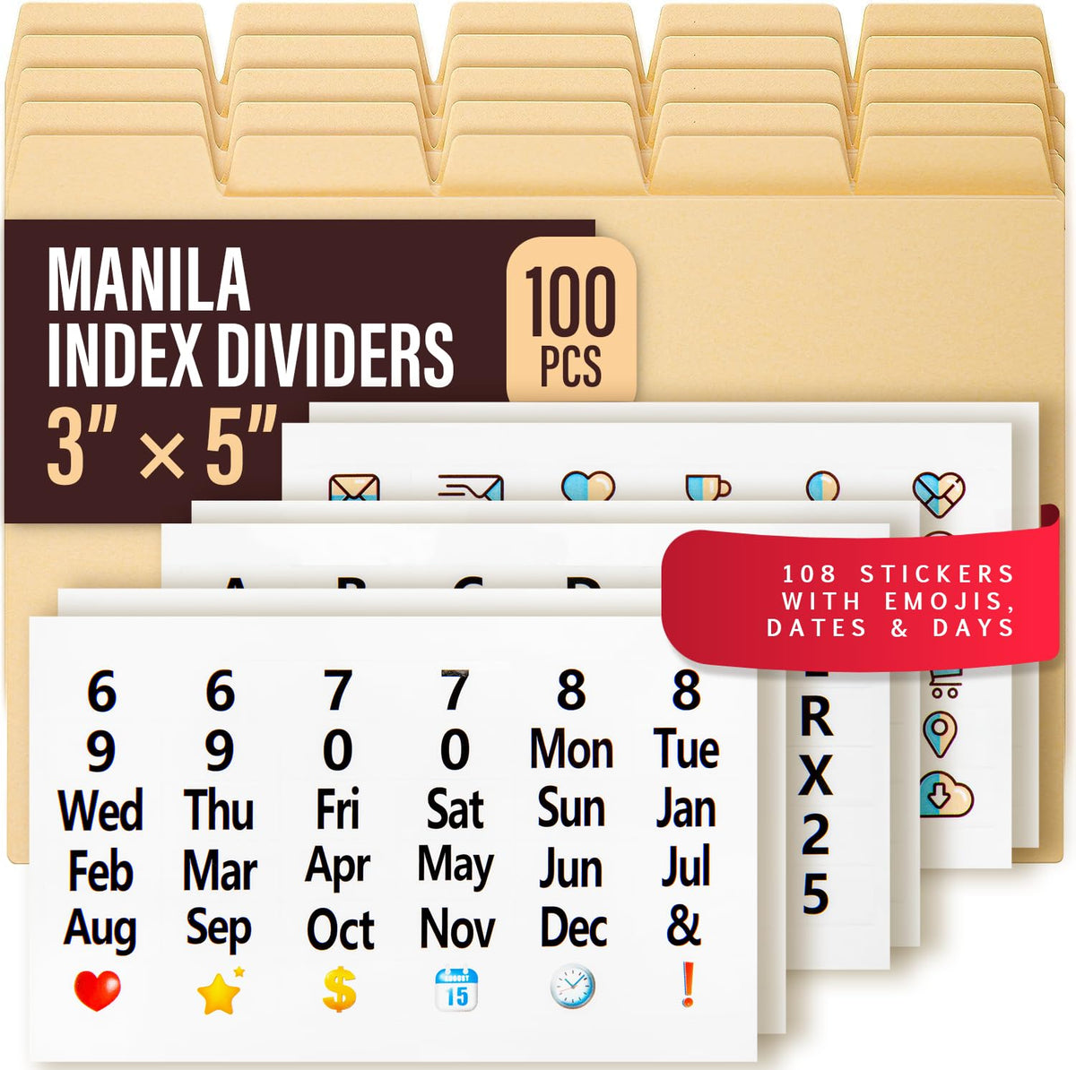 50 Heavyweight Manila Index Card Dividers with Tabs, 4x6 Blank, 108 Stickers - Monthly, Recipe & Greeting Card Dividers