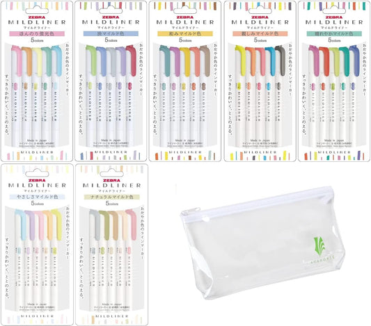 ZEBRA MILDLINER Highlighter pen markers, 7-Pack (WKT7-5C / WKT7-5C-NC / WKT7-5C-RC / WKT7-N-5C / WKT7-5C-HC / WKT7-5C-YC / WKT7-5C-NTC) 35 Color Full Range Set