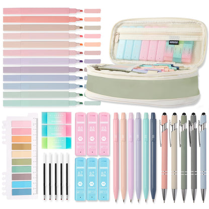 39PCS Aesthetic School Supplies with Cute Pencil Case, 5X Ballpoint Pens with Stylus Tip, 12X Pastel Highlighters, 6X Mechanical Pencil Set 0.5&0.7mm, Suit for Preppy School College Essentials (pink)