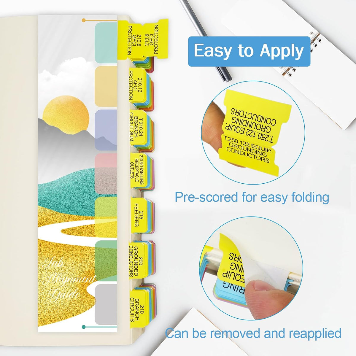Index Tabs for 2026 NEC Code Book (Book not Included), 134 Printed NEC Tabs with 16 Blank Tabs, Color-Coded and Laminated, with Wire Chart & 2 Ohm's Law Stickers