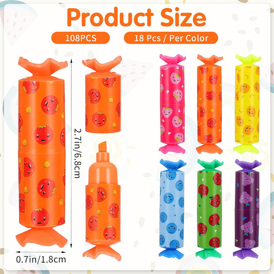 108 Pcs Mini Highlighter, 6 Color Candy Pastel Chisel Tip Marker Pen for Party, Birthday, Drawing, Office Supplies