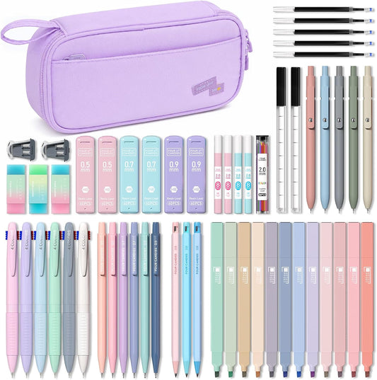 Four Candies 56 PCS School Supplies with Cute Pencil Case (Light Purple)