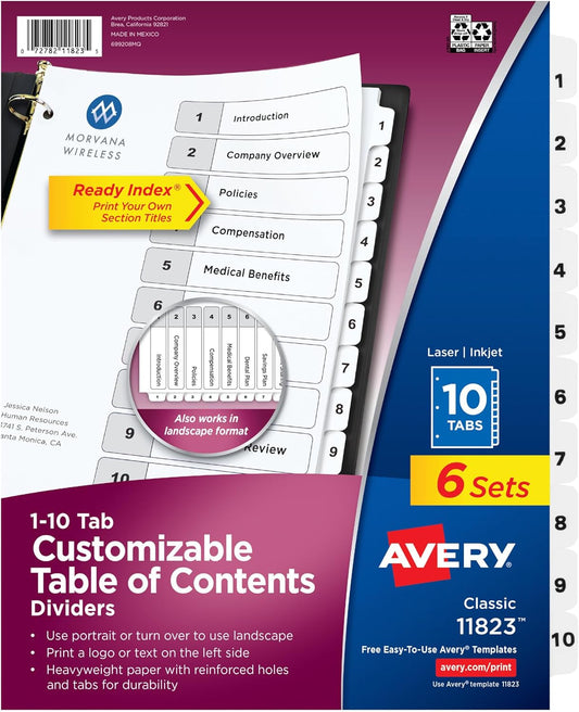 Avery Table of Contents Dividers, 10-Tab, White, 6 Sets