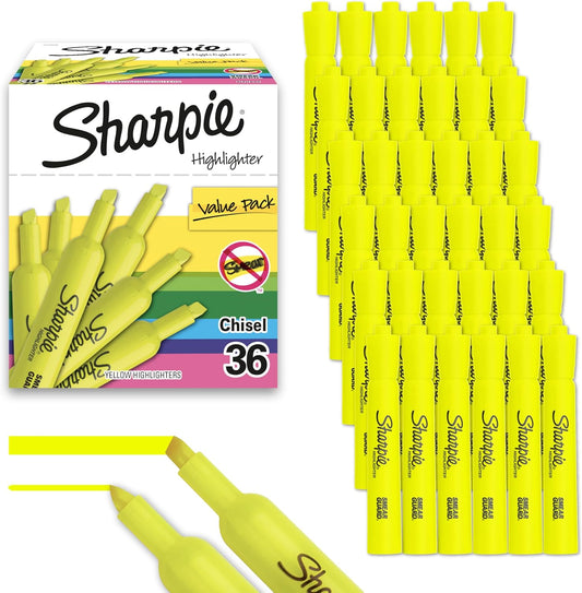 Sharpie Tank Highlighters, Chisel Tip, Yellow Highlighters, Essential Office & School Supplies, Teacher Must Haves, Quick-Drying, Smear-Resistant, Bulk 36-Pack