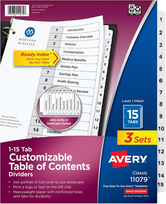 Avery Table of Contents Dividers, 15-Tab, White, 3 Sets
