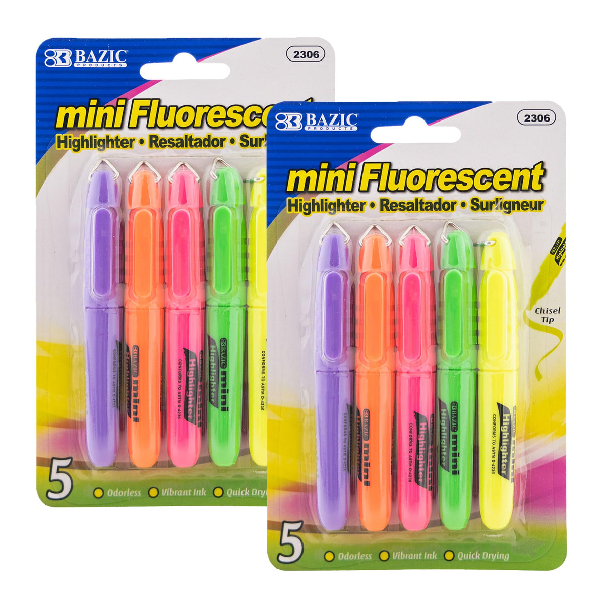 BAZIC PRODUCTS Mini Pastel Highlighters, Chisel Tip, 5 Count, 24-Box