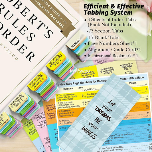 Index Tabs for Robert's Rules of Order Newly Revised, 12th Edition, 90 Color-Coded & Laminated Book Tabs with Alignment Guide (Book Not Included), Repositionable and Long-Lasting
