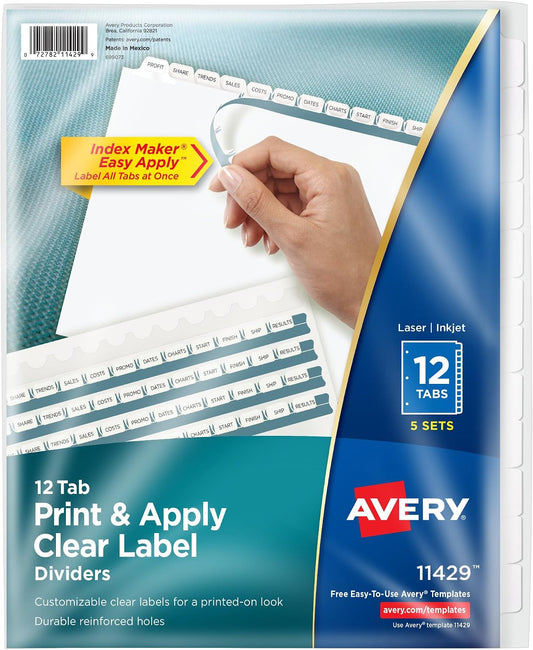 Avery® Index Maker® Clear Label Dividers, 12-Tab, White, 5 Sets