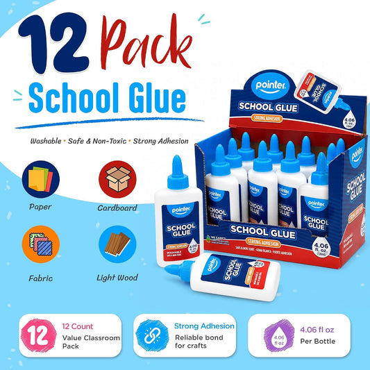 Pointer School White Glue Washable Strong Bond Adhesive,4.06 fl oz -12 Pack