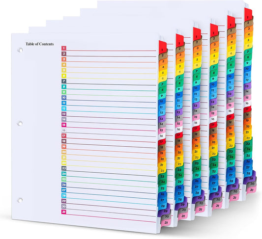 Tab Dividers for 3 Ring Binders – 6 Sets, 1–31 Numbered Index Dividers with Table of Contents – 8.5 x 11 in, 3-Hole Punched – Binder Dividers for School, Office, Filing, Organizing - 6 Pack