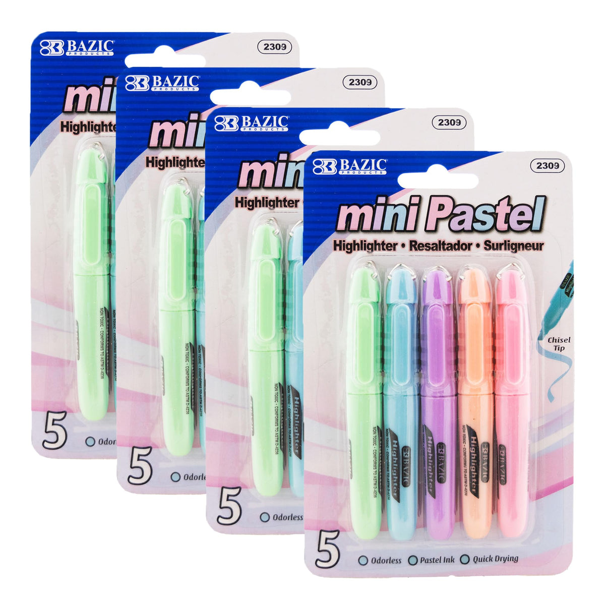 BAZIC PRODUCTS Mini Pastel Highlighters, Chisel Tip, 5 Count, 24-Box