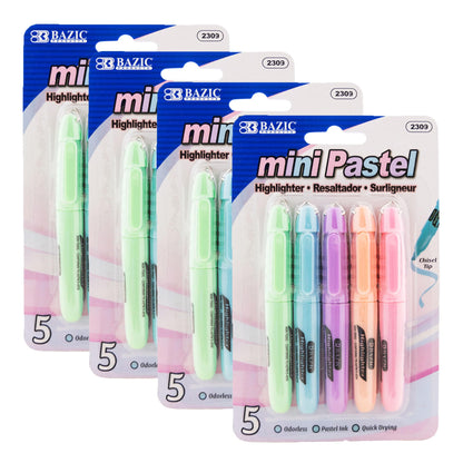 BAZIC PRODUCTS Mini Pastel Highlighters, Chisel Tip, 5 Count, 24-Box