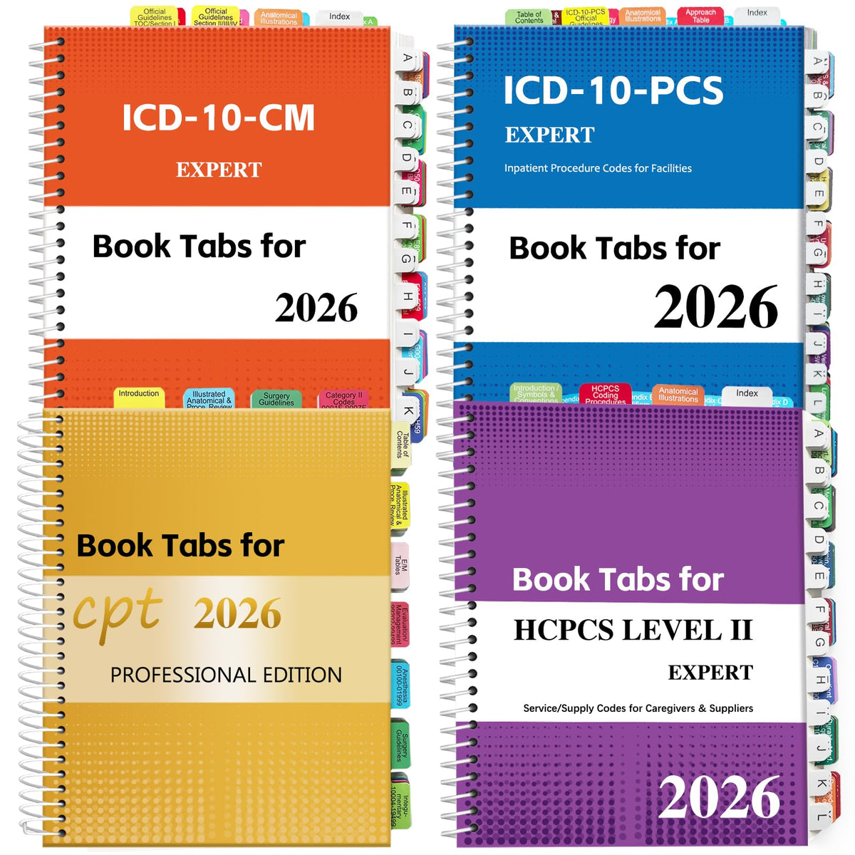 Index Tabs for CPT, AAPC Version ICD-10-CM & HCPCS Level II 2026, 3 Set Bundle, Complete Book Tabs Set (Book not Included), Color-Coded with Code Ranges, Laminated & Waterproof & Repositionable
