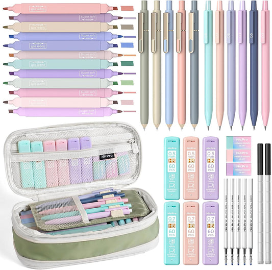 Nicpro Aesthetic School Supplies Stationary Set with Pen Case, 39 PCS Green