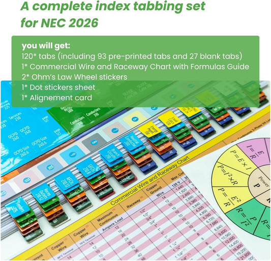 Index Tabs for NEC 2026 Code Book – Color-Coded for Quick Navigation – with Wire & Raceway Chart, Formula Guide, 2 Ohm’s Law Stickers, Page Numbers Sheet & Alignment Guide (Book Not Included)