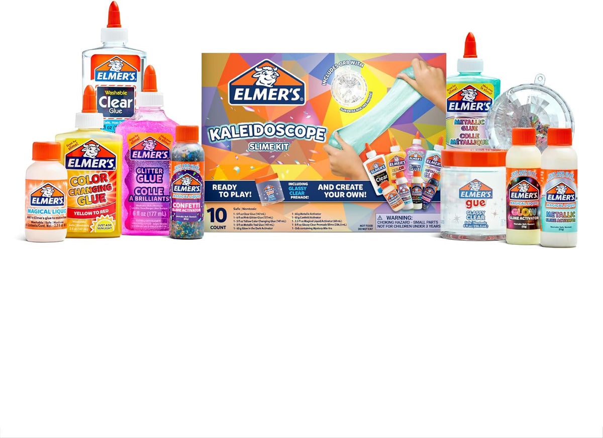 Elmer’s Kaleidoscope Slime Kit, Includes Liquid Glue, Slime Activator, Premade Slime, and Slime Mix-Ins, 10 Count
